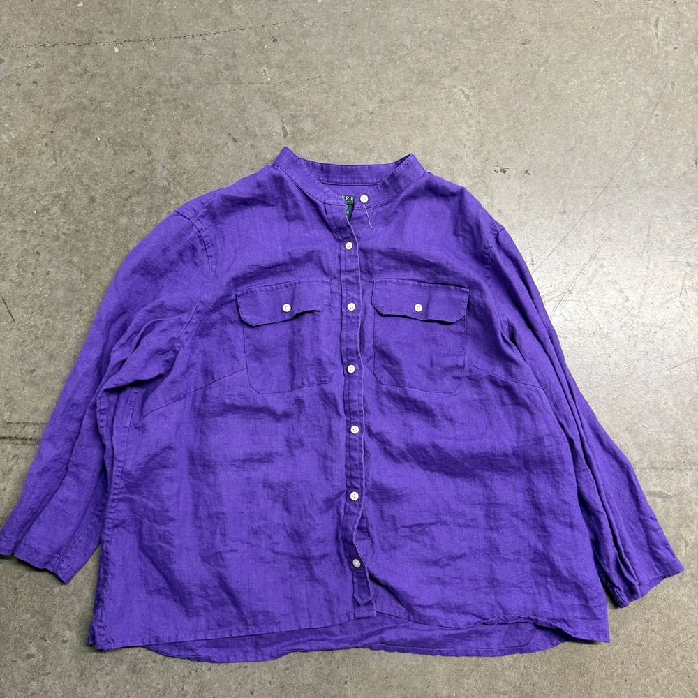 Lauren Ralph Lauren Purple 100% Linen‎ Band Collar Button Down Shirt Womens 1X